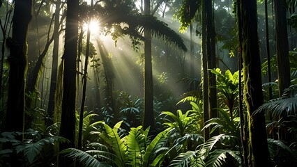 A dense rainforest with sunlight filtering through the trees