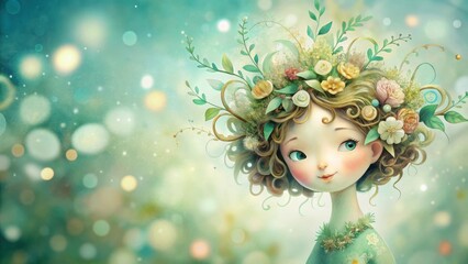 A Whimsical Illustration of a Young Girl Adorned with a Floral Crown and a Soft, Dreamy Background