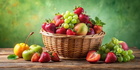 A wicker basket overflowing with a delightful assortment of ripe strawberries, sweet green grapes, and juicy peaches, accompanied by additional fresh fruit on a rustic wooden surface