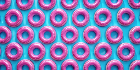 A vibrant array of pink inflatable rings arranged in a repeating pattern on a light blue background