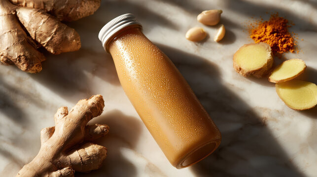 Fresh cold pressed ginger turmeric immunity shot in a glass bottle surrounded by raw ingredients