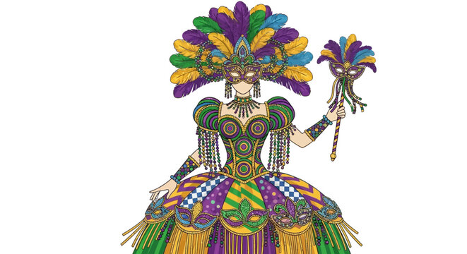 Mardi Gras Queen Elaborate Costume Detailed Illustration.