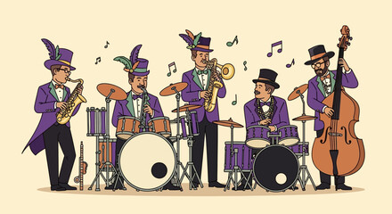 Mardi Gras Jazz Band Performing with Instruments and Festive Attire. © Jepry