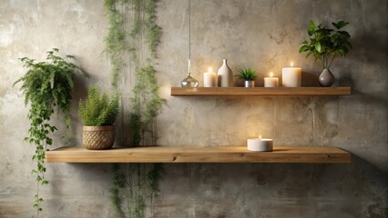 Serene ambiance created with wooden shelves, lit candles, and lush greenery against a textured wall