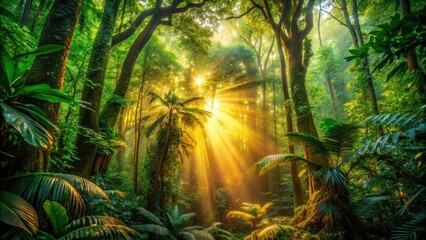 Golden Sunlight Illuminates Lush Rainforest Canopy, Beams Piercing Through Dense Foliage, Creating a Mystical Atmosphere