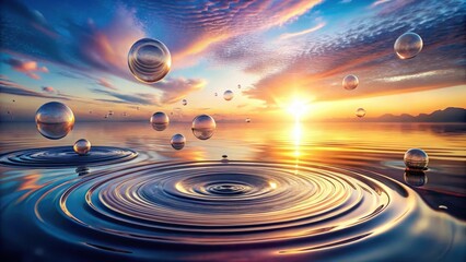 Serene Sunset Reflection Orb-like Droplets Create Concentric Circles on Calm Water at Golden Hour