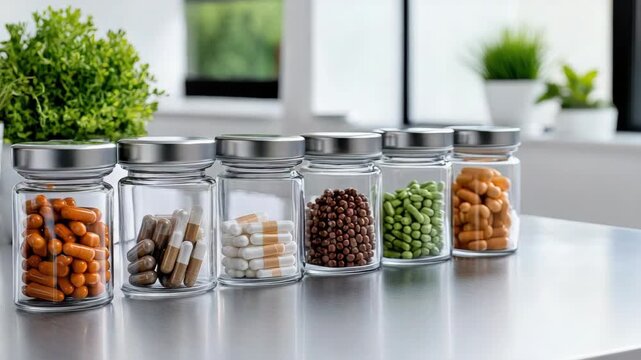Colorful glass jar of assorted supplement capsule and bead assortment with neat rows of capsule