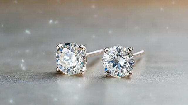 Sparkling round diamond stud earring reflective metallic surface with soft bokeh glow gemstone