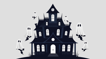 Spooky Haunted House with Ghosts Flying Around at Night.