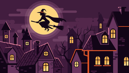 Witch silhouette flying on broomstick over spooky houses under full moon.