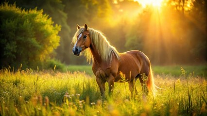 Golden Hour Equine in Verdant Meadow, bathed in the warm glow of the setting sun, a majestic creature of grace and power