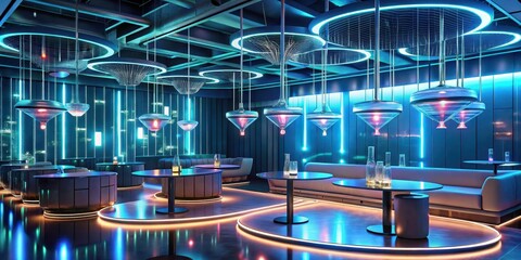 Futuristic Lounge with Illuminated Tables and Unique Pendant Lighting Fixtures Creates a Vibrant and Stylish Atmosphere