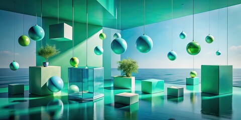 Serene Ocean View Minimalist Display with Suspended Spheres and Geometric Forms