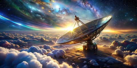 A majestic satellite dish, gleaming gold in the sunset's embrace, rests atop a sea of clouds, its vast reflector pointed towards a breathtaking cosmic panorama of swirling nebulae and distant stars.
