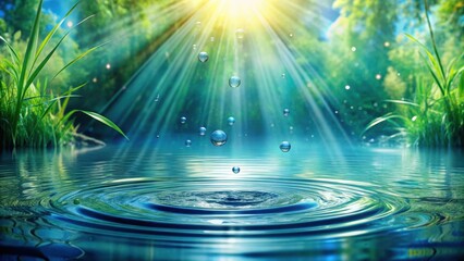 Serene Water Droplets Creating Concentric Circles on a Still Pond Surrounded by Lush Greenery Under a Sunlit Canopy