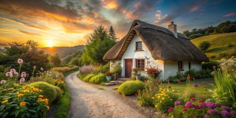 Serene Cottage Sunset A picturesque thatched-roof house nestled amidst vibrant blooms, bathed in the warm glow of a breathtaking sunset, a tranquil pathway winding gently towards it.