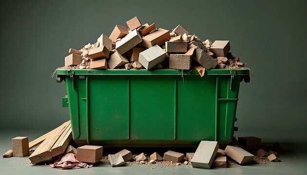 Green skip bin overflowing with construction debris. Old wooden planks concrete blocks and fabric waste fill the container. House renovation project in progress is happening,created with generative ai
