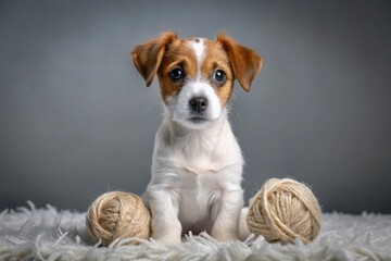 Adorable Puppy Posing Calmly Amidst Soft Yarn Balls on a Fluffy Surface