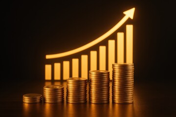 A Dynamic Representation of Financial Growth: Stacked Coins with an Ascending Graph Symbolizing Monetary Increase and Economic Prosperity