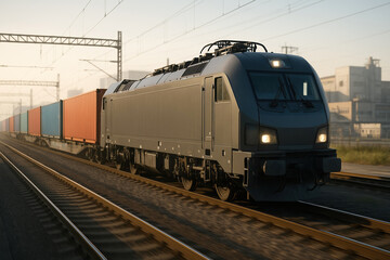 Naklejka premium A modern freight train powered by electric traction hurtles through a sunset landscape, showcasing sleek design and vibrant cargo containers.