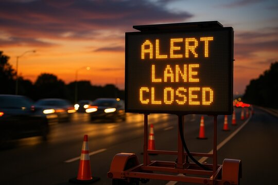 Digital Warning Sign Displaying Lane Closure Alert Amidst a Sunset Background with Traffic in the Foreground