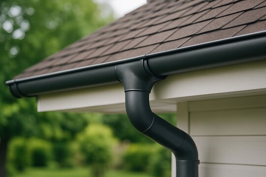 A Close-Up View of a Black Gutter System Installed on a Residential Roof, Featuring a Stylish and Functional Drainage Design Amidst a Lush Green Landscape