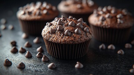 Close-up of chocolate chip muffins on a dark surface with scattered chips