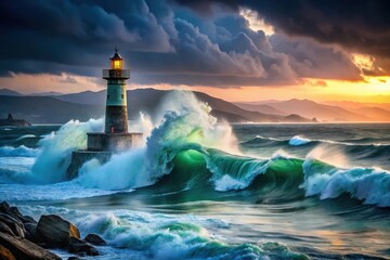 Lighthouse Beacon Illuminates Dramatic Ocean Waves During a Fierce Coastal Storm at Sunset