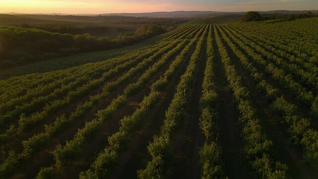 Aerial view of a vast agricultural field with neat rows of green crops under a warm sky at sunrise or sunset, showcasing rural landscape.