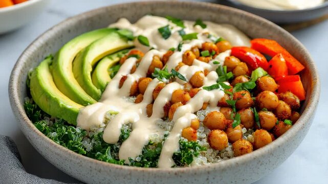 Roasted chickpea quinoa bowl with avocado, kale, tomato and creamy sauce tahini drizzle for fresh