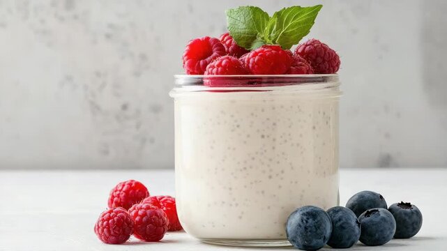 Creamy chia pudding jar with raspberry blueberry and mint fresh breakfast delight