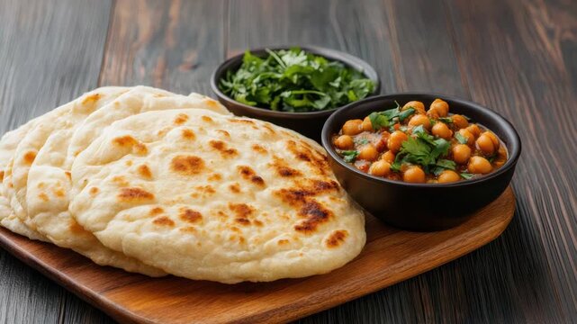 Soft naan flatbread with spiced chickpea curry and fresh cilantro on wooden board, warm and inviting