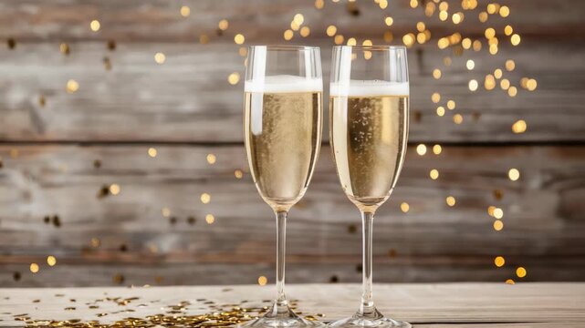 Champagne flute sparkling wine bubble glass celebration with festive bokeh lights and warm