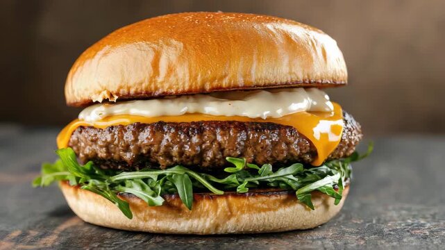 Juicy beef cheeseburger with melted cheese, fresh arugula and toasted bun evoking savory delight