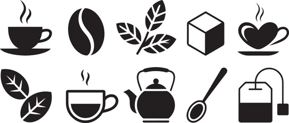 Black icons of tea and coffee including cups, beans, leaves, teapot, spoon, sugar cube, and tea bag