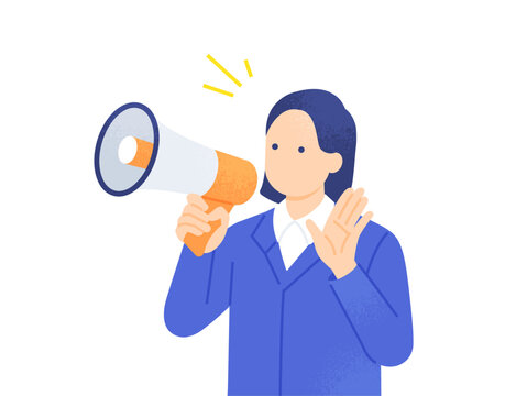 拡声器を持って案内する作業服姿の女性 ベクターイラスト素材