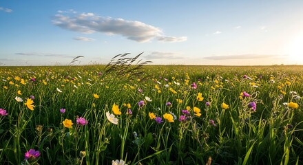 Vast Field of Wildflowers Under a Partly Cloudy Sky at Sunset