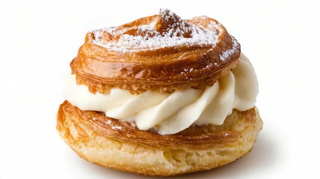 Cream puff pastry flaky layers filled with vanilla cream and powdered sugar, appetizing bakery