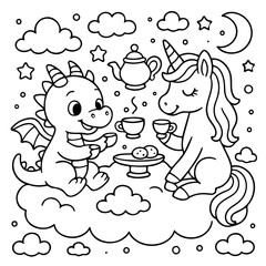 Magical Tea Party: A whimsical illustration captures a delightful tea party between a charming unicorn and a friendly dragon, set amidst a dreamy backdrop of clouds, stars, and the moon. 