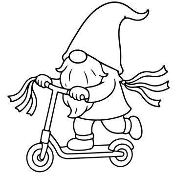 Gnome on Scooter: A whimsical illustration of a charming gnome enthusiastically riding a scooter, perfect for adding a touch of playful cheer to any project.