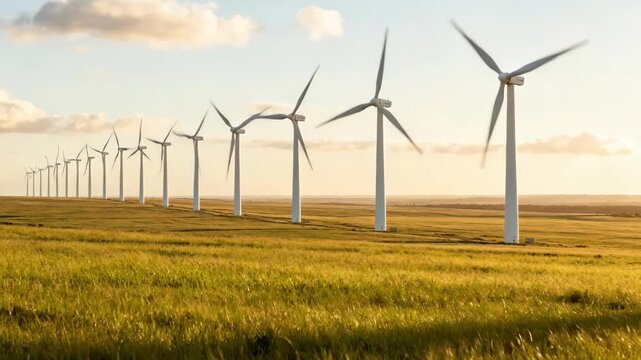 Medium shot of a vast wind farm with multiple large turbines aligned along a grassy plain emphasizing gridscale contributions to green power supply.