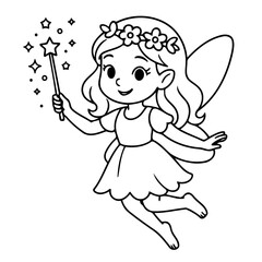 Enchanting Fairy's Magic: An outline illustration of a cute fairy with a flower crown and outstretched wand, ready to cast a spell of wonder.