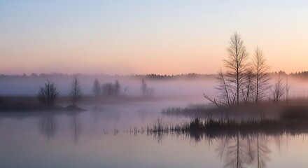 Ethereal morning fog blankets a serene lake, with bare trees reflecting in the still, pastel-hued waters under a soft dawn sky