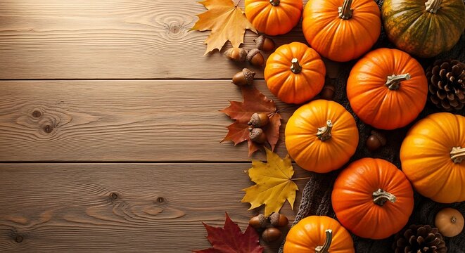 Autumn harvest bounty mockup with pumpkins, pinecones, and fall leaves on rustic wooden background - Powered by Adobe