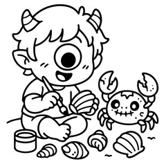 Obraz premium Creature Crafts Seaside Shells: A friendly cartoon creature with one eye busily paints seashells by the sea, a delightful moment of creativity and seaside charm.