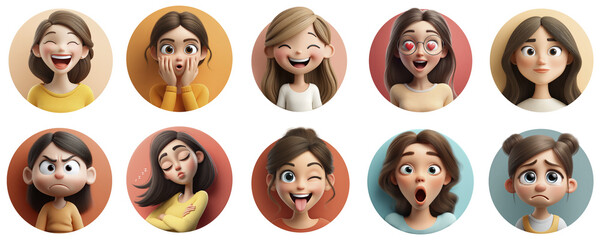 Vibrant 3d Cartoon Avatars of Girls Displaying Diverse Human Emotions