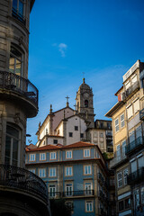Naklejka premium Tightly pack traditional building facades in Porto, Portugal
