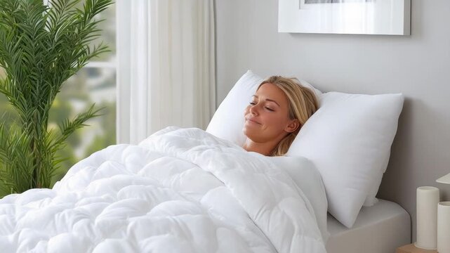 Smiling woman relaxing in bed under white comforter with pillow in bright bedroom for relaxation