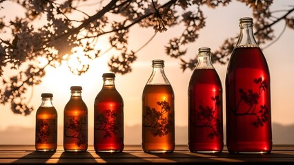 Silhouetted Kombucha Bottles under Cherry Blossoms at Sunrise