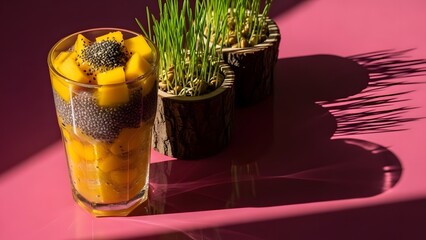 Tropical Mango Smoothie with Chia Seeds and Wheatgrass in Morning Light